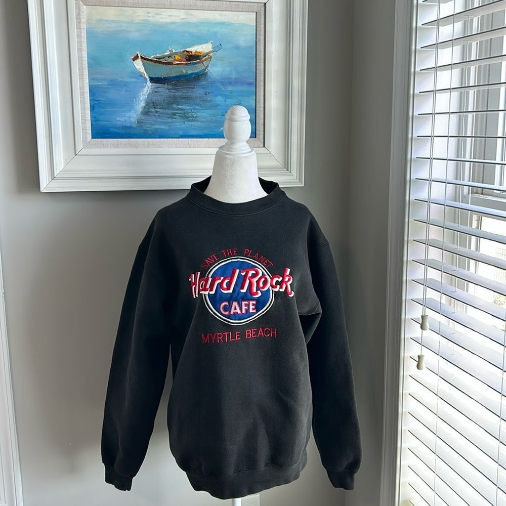 Vintage 90s Save the Planet Hard Rock Cafe Black Myrtle Beach Sweatshirt - Picture 2 of 7